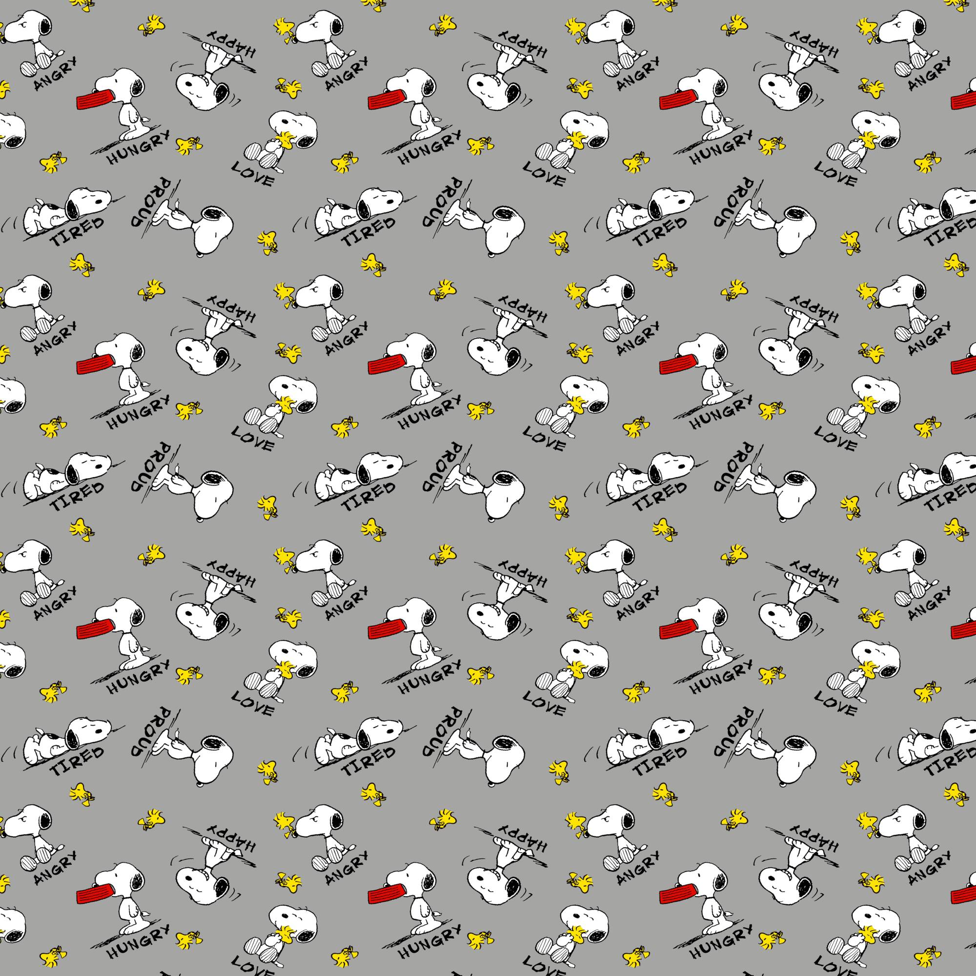 Peanuts® Snoopy & Woodstock Feelings on Gray Cotton Fabric